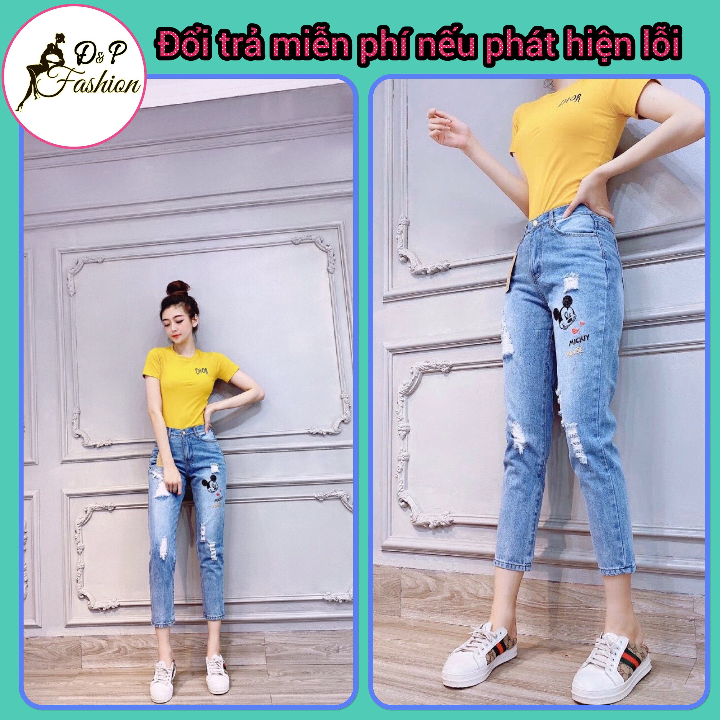 Quần baggy jean nữ cào rách tua lai bo chun thêu hình micky cao cấp siêu thời trang