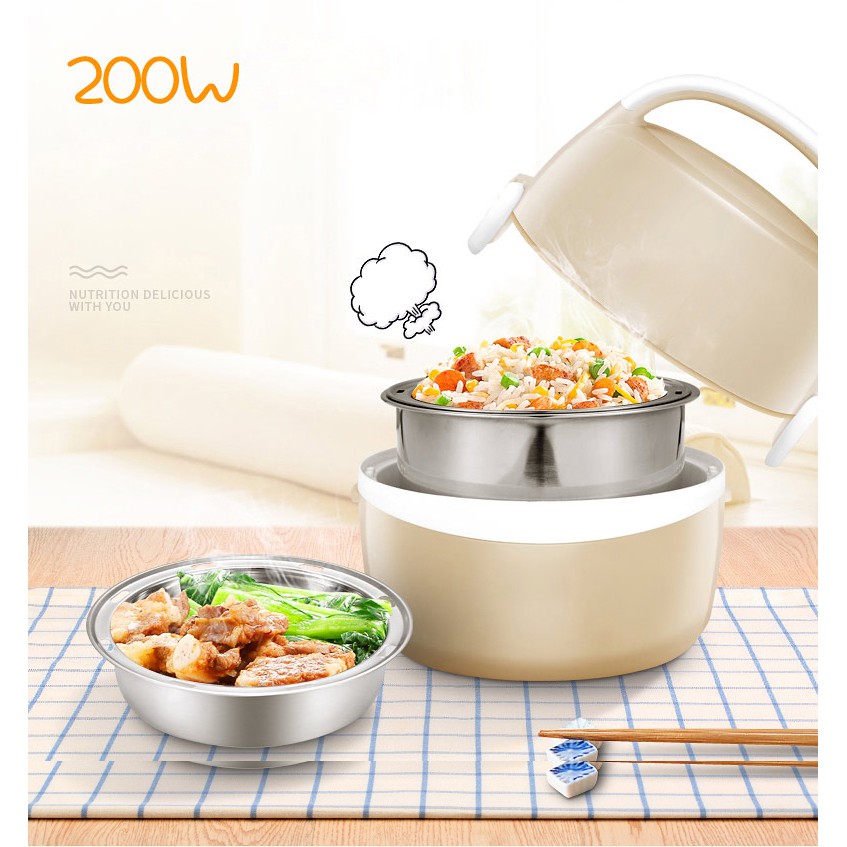 Hộp đựng cơm văn phòng giữ nhiệt 2 tầng - hộp hâm nóng cơm và nấu thức ăn - nồi cơm mini 2 người ăn