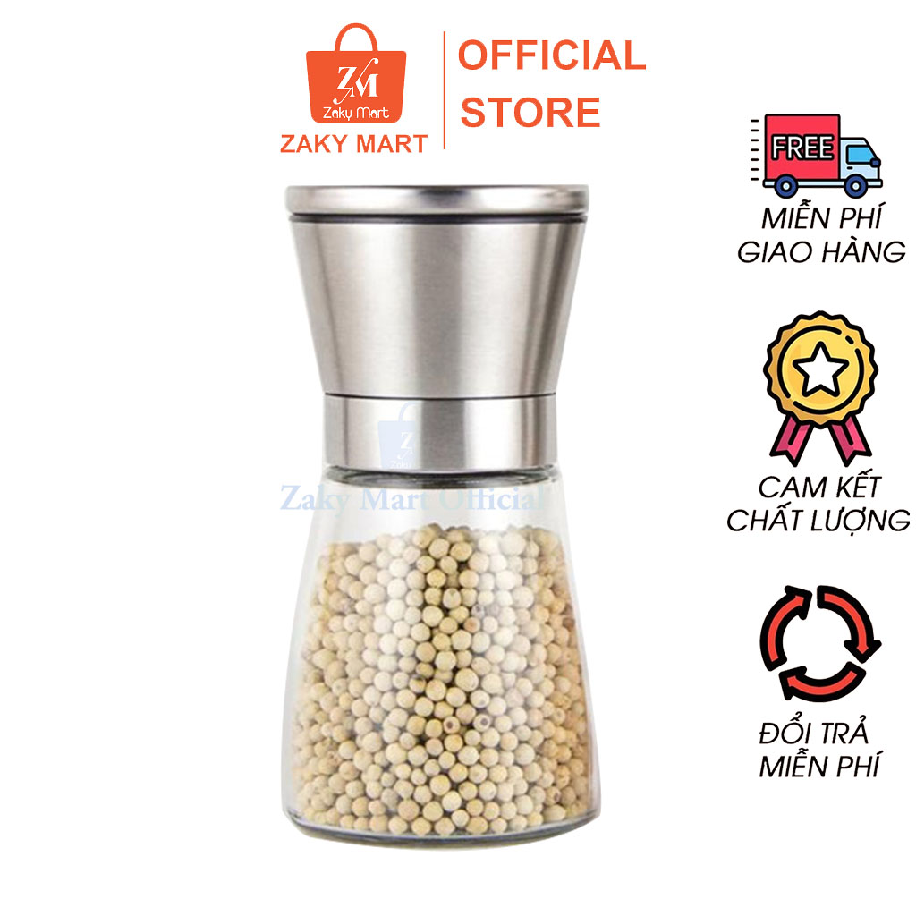 Dụng cụ xay tiêu cầm tay cao cấp chất liệu inox 304 hũ thủy tinh 180ml đa năng tiện lợi xay và bảo quản hạt tiêu XT006 - Zaky Mart Official