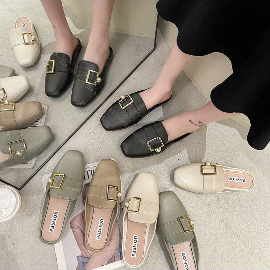 Giày sục Mules nữ đính khóa ngọc cao su đi mưa siêu dẻo D47