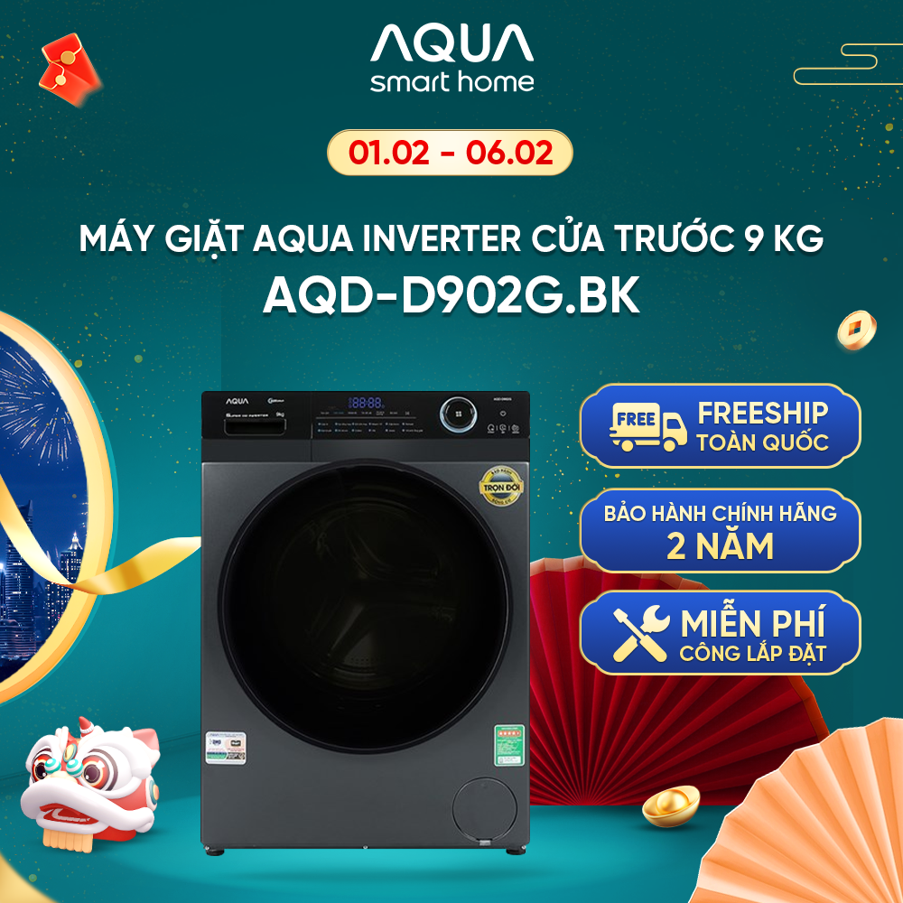 [SALE TO ĐÓN TẾT] Máy giặt Aqua Inverter 9 kg AQD- D902G BK - Freeship toàn quốc - Hỗ trợ lắp đặt