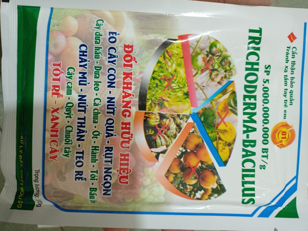 Chế phẩm sinh học Nấm Trichoderma - Bacillus (Nấm đối kháng) Gói 100 gam giúp tiêu diệt nấm bệnh, phòng trừ nứt thân xì mủ, vàng lá thối rễ