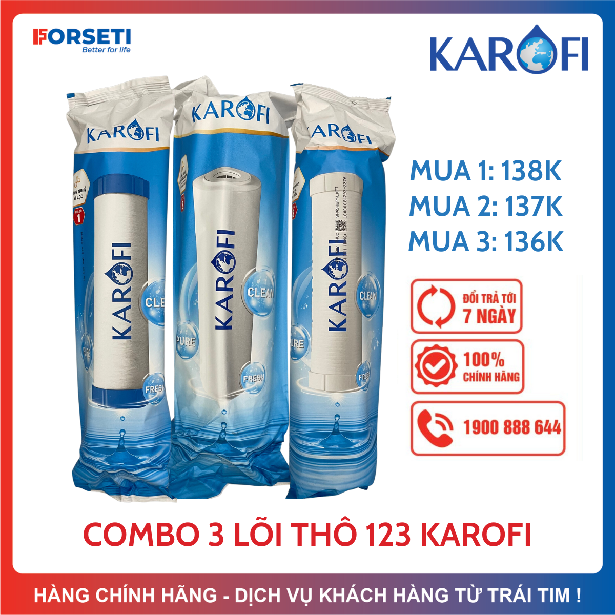 Bộ 3 Lõi Lọc Thô 123 KAROFI Loại Bỏ Vi Khuẩn Và Bảo Vệ Màng RO