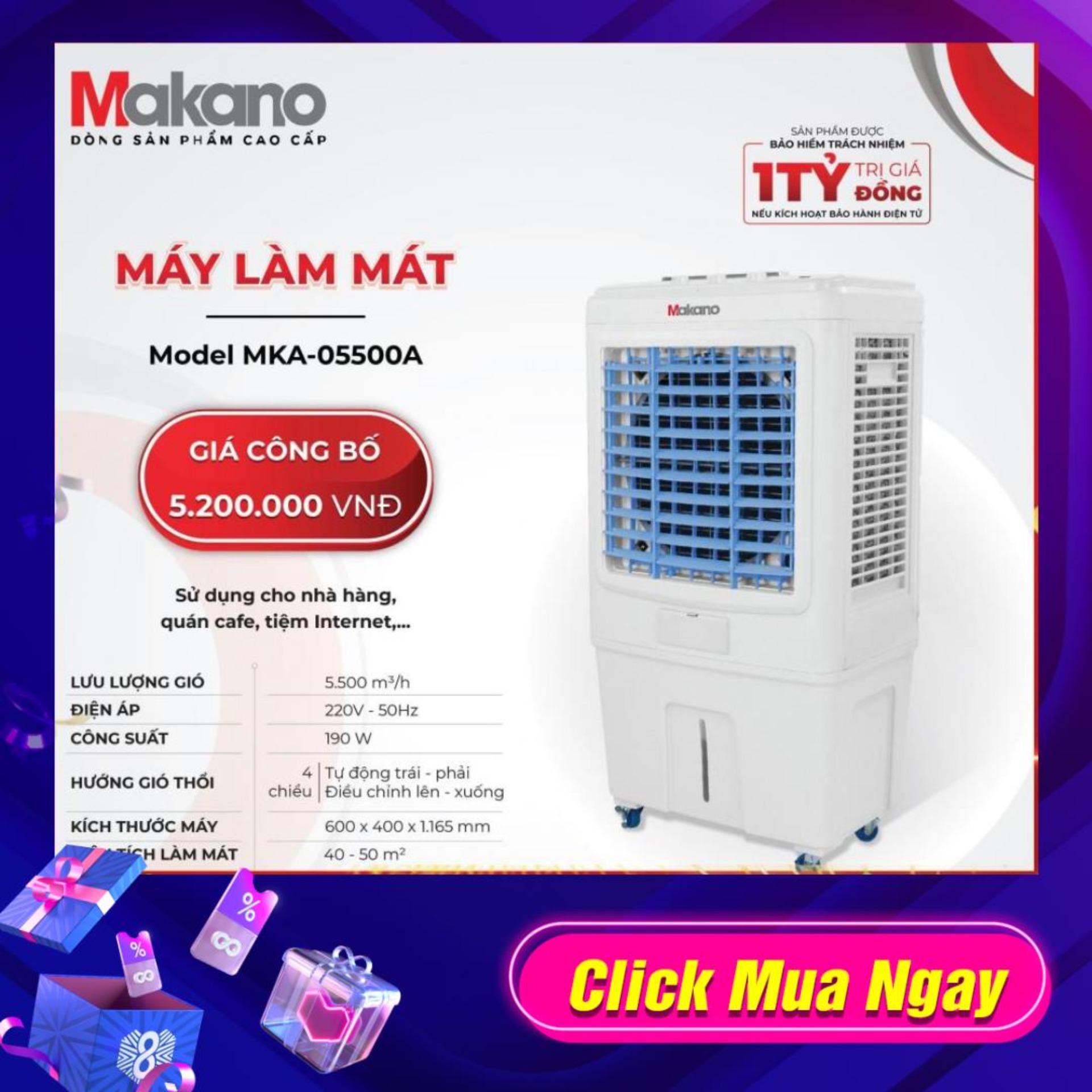 Quạt điều hòa hơi nước Máy làm mát không khí Makano MKA-05500A Dùng cho phòng khách nhà hàng quán ăn cafe tiệm internet hội trường tiệc cưới.