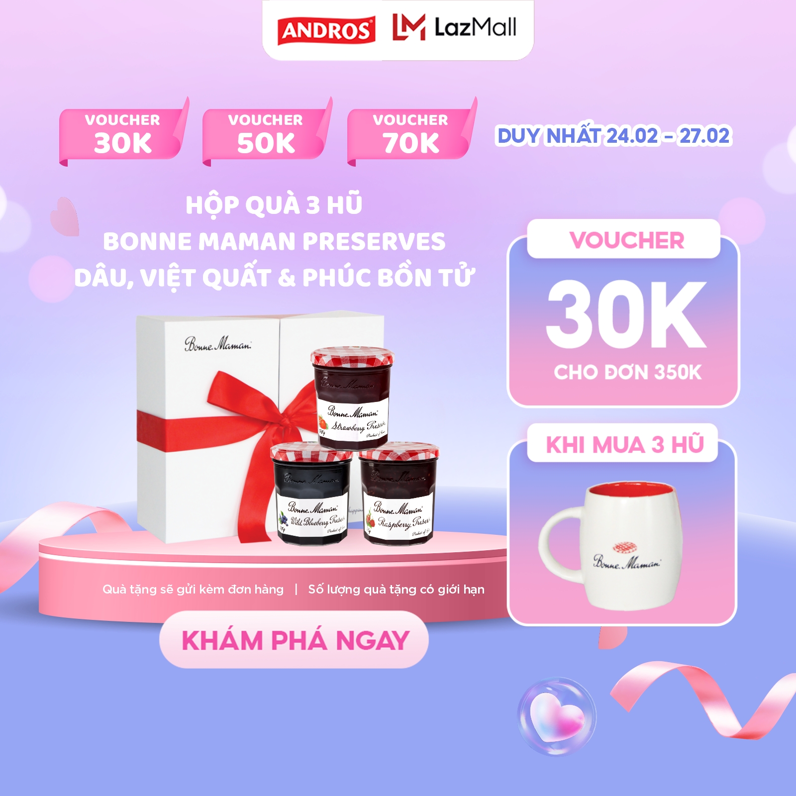 [Tặng Kèm Ly Sứ Bonne Maman] Set Quà Tặng Combo 3 Hủ Mứt Bonne Maman Preserve Dâu, Việt Quất & Phúc Bồn Tử - 370g x 3