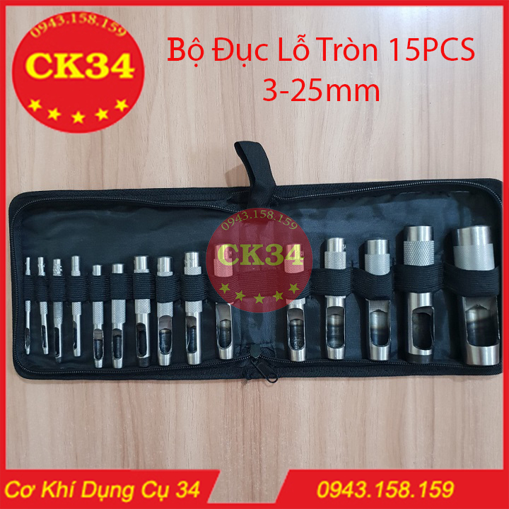 Bộ đục lỗ tròn, đục lỗ da 15 chi tiết 3-25mm cao cấp