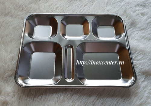 Khay cơm inox, khay đựng thức ăn - 5 ngăn CL, inox 304 CL, KT: 355x280x30 mm/ Có thêm ngăn đựng tâm
