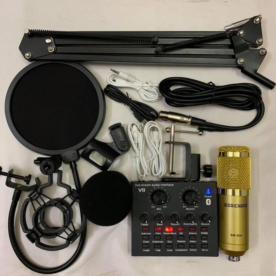 Bộ combo mic livestream hát karaoke micro woaichang BM-900 card V8 bluetooth có autotune chân màng BH 6 tháng đổi mới