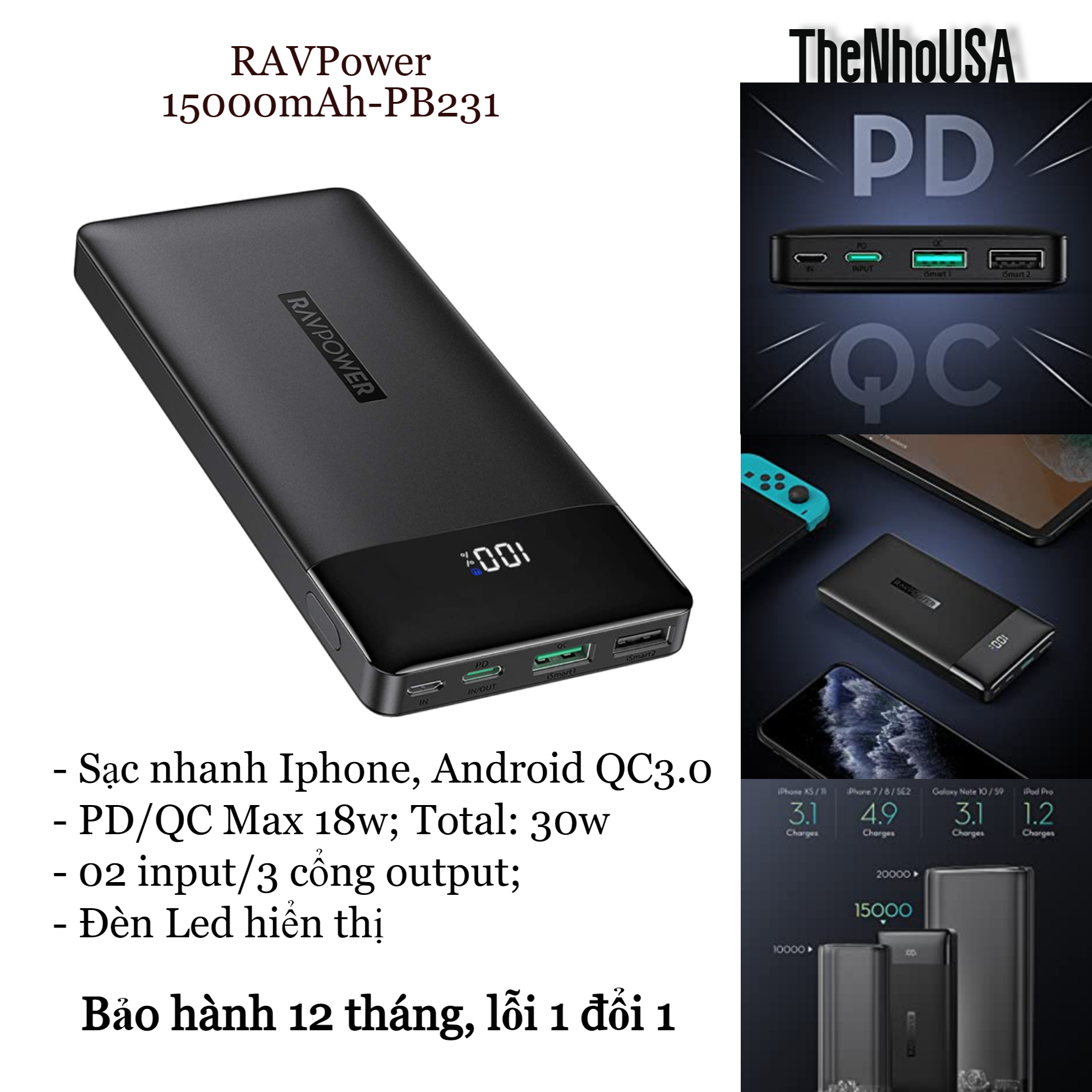 Sạc dự phòng RAVPower 15000mAh (PD3.0/QC3.0 18w) RP-PB231 [BH 12T]