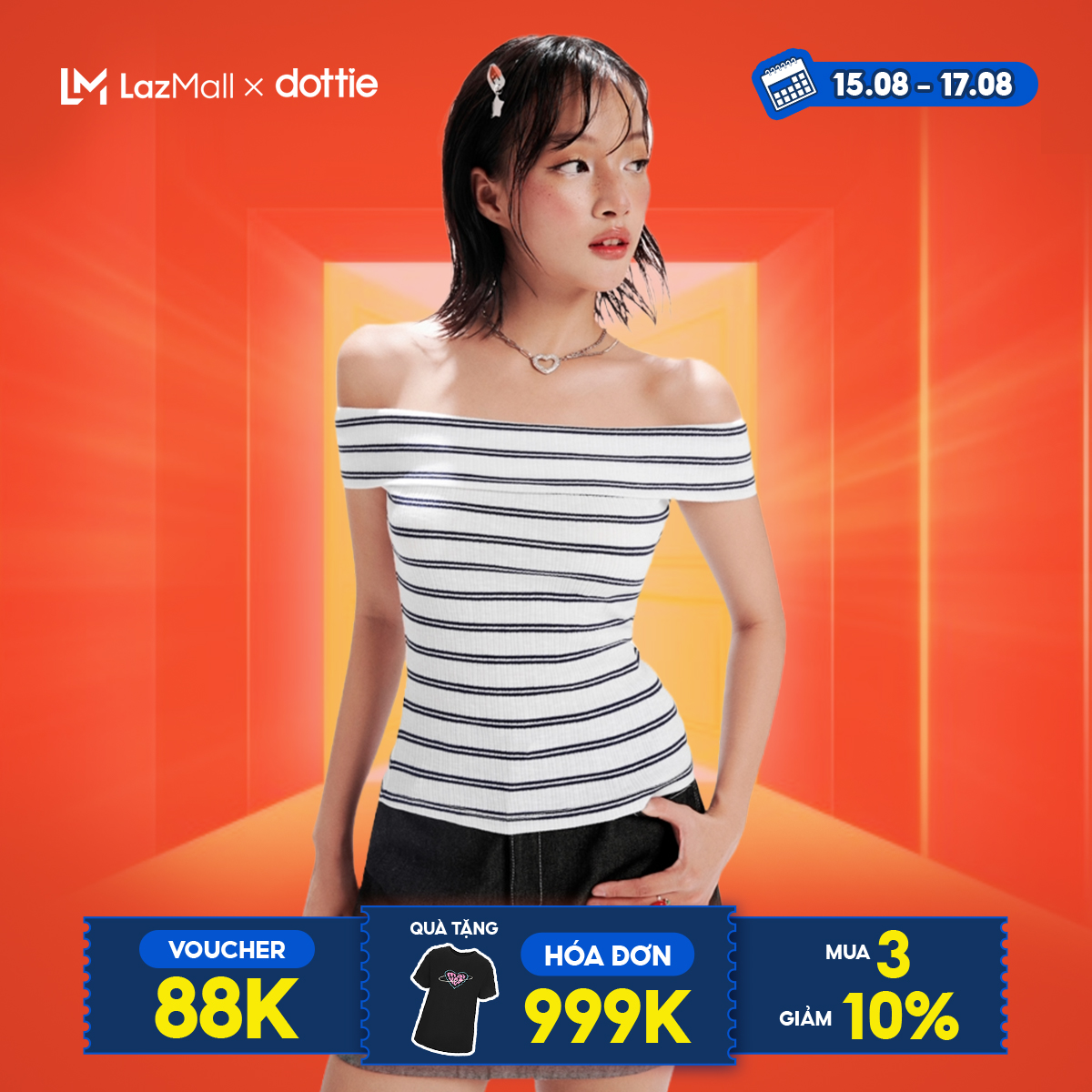 Dottie - áo trễ vai kẻ sọc - trắng - t0926