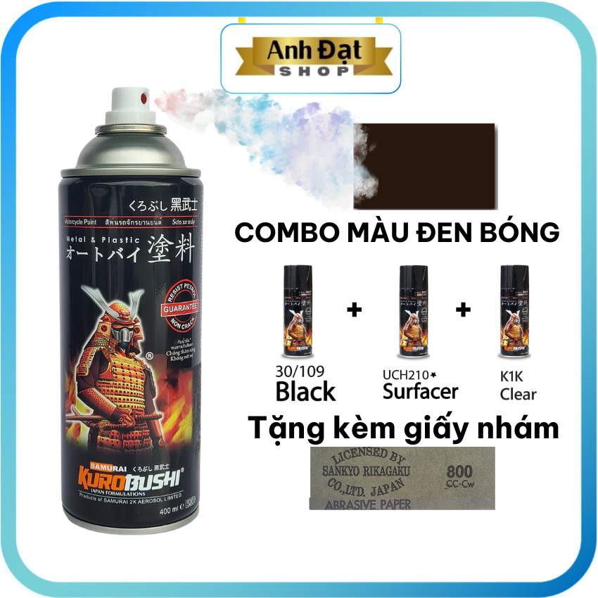 Combo-sơn samurai màu đen bóng 109, sơn lót uch210, sơn bóng k1k - anh đạt shop