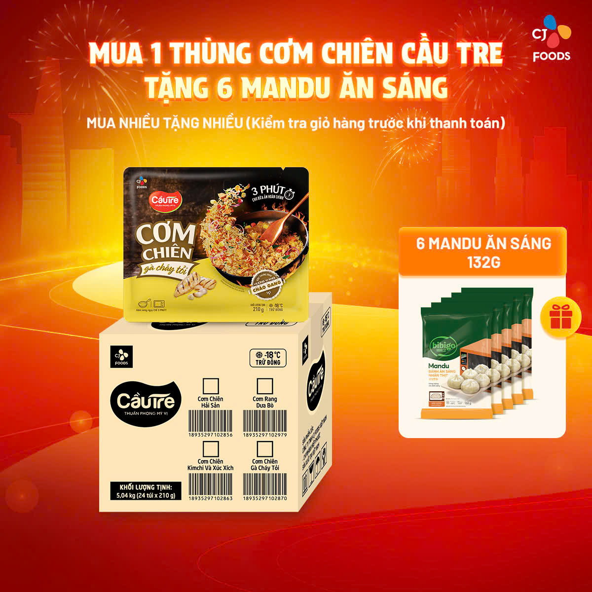 [Tặng 6 mandu ăn sáng] Thùng 24 gói Cơm chiên Cầu Tre [công thức mới siêu ngon] (Vị dưa bò, gà cháy tỏi, hải sản, kim chi và xúc xích)