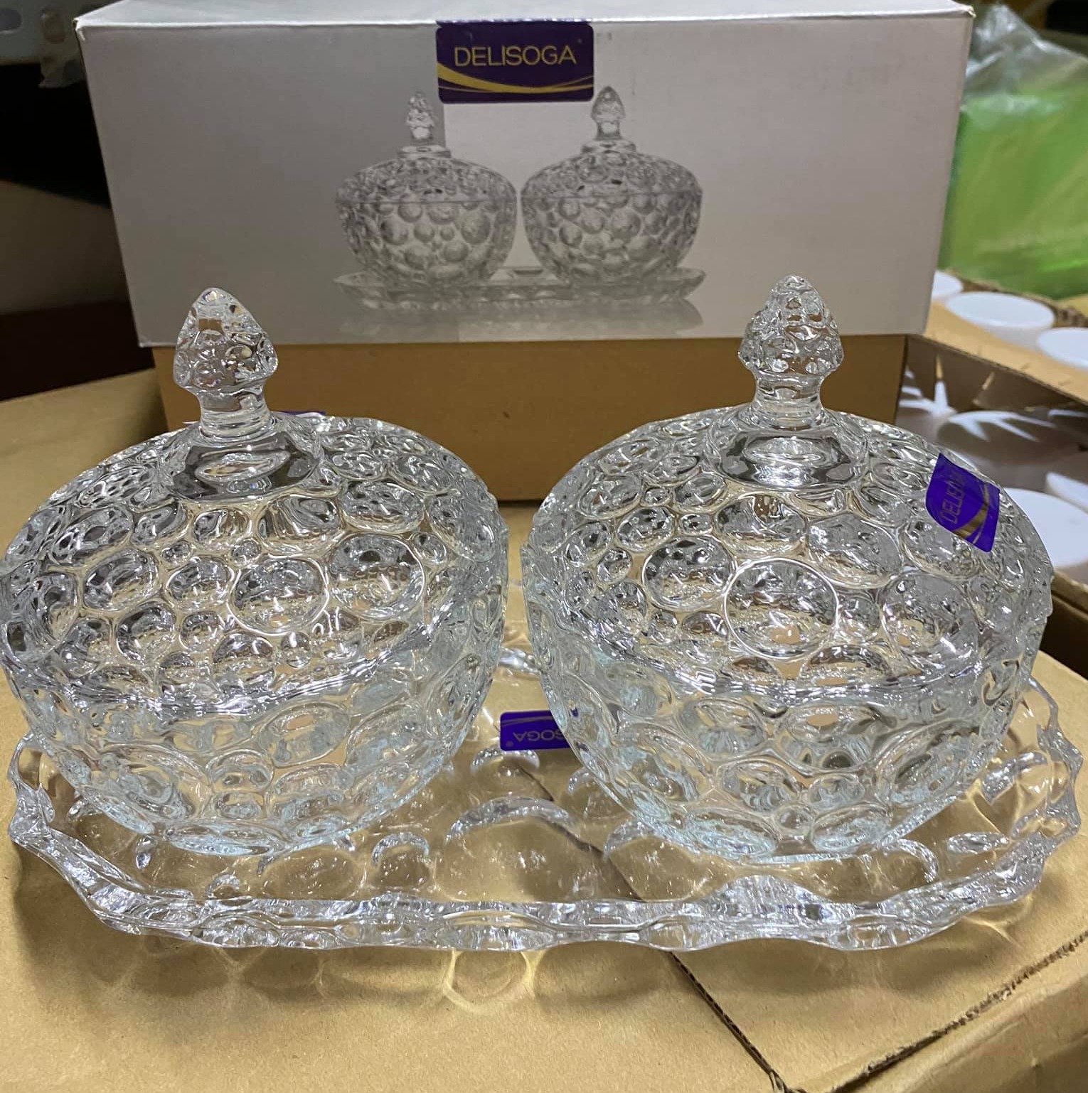 SET 2 HŨ ĐỰNG MỨT THỦY TINH SIÊU ĐẸP CÓ NẮP-HŨ ĐỰNG MỨT THỦY TINH-THỐ ĐỰNG MỨT -HŨ ĐỰNG MÚT ĐÔI (tặng kèm khay thủy tinh)