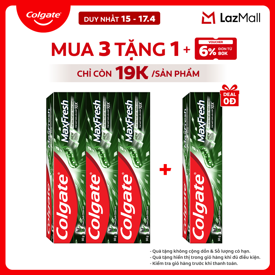 Bộ 3 Kem đánh răng hơi thở thơm mát và làm trắng răng Colgate Maxfresh Bamboo Charcoal 90g