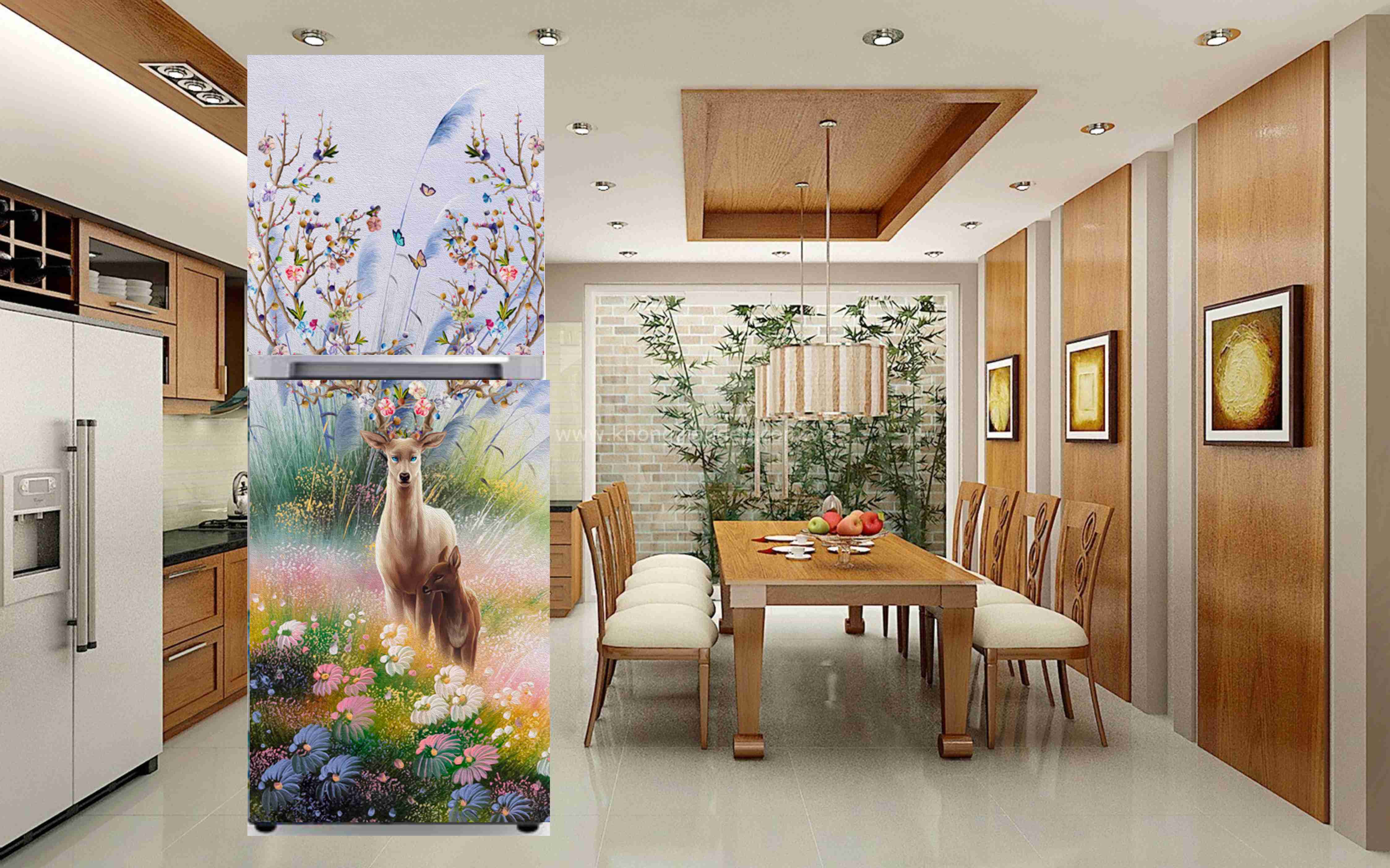 Miếng dán tủ lạnh hươu sao 3D sang trọng - decal tủ lạnh không thấm nước đầy đủ kích thước cho mọi loại tủ lạnh