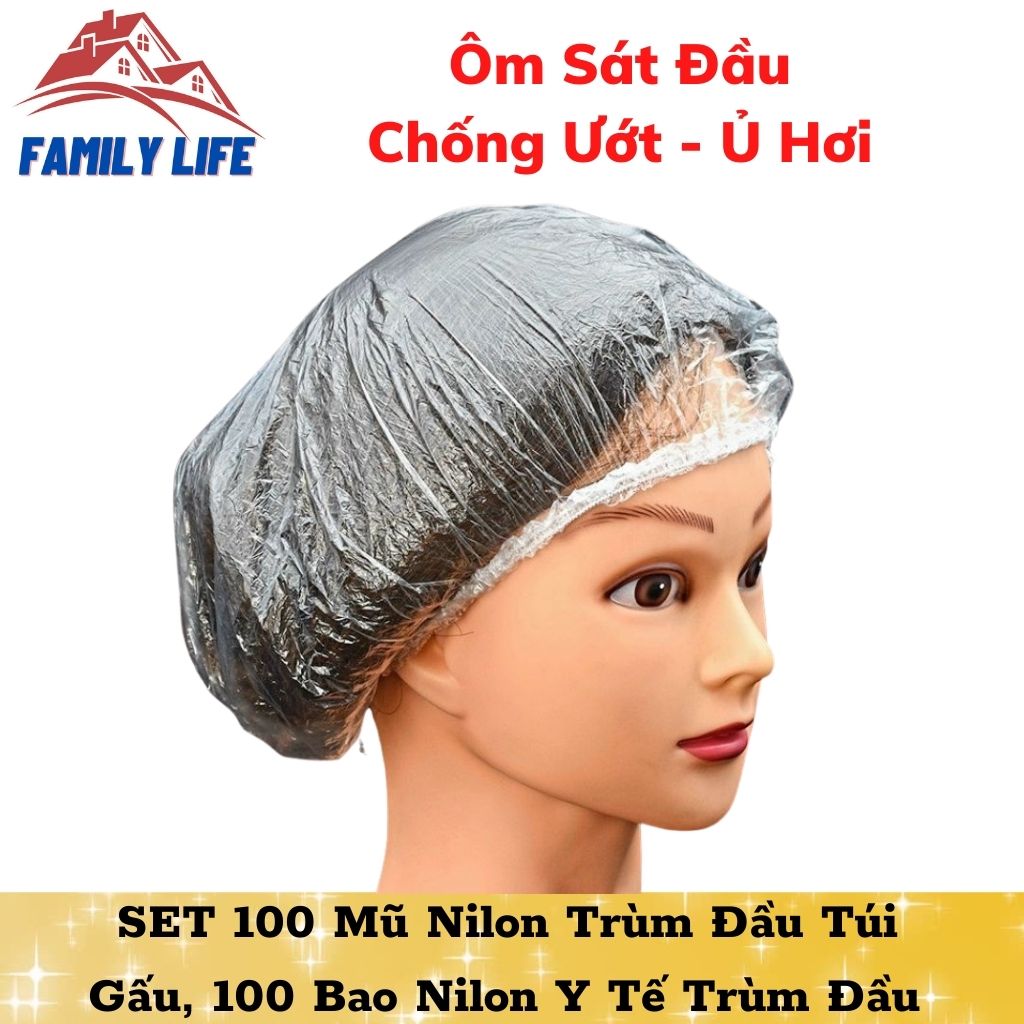 SET 100 Mũ Nilon Trùm Đầu Túi Gấu, 100 Bao Nilon Y Tế Trùm Đầu Hỗ Trợ Nhuộm Tóc, Ủ Tóc Dùng 1 Lần