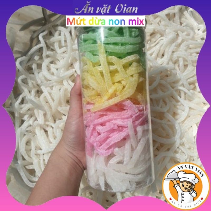 Mứt dừa non thanh điệp dạng sợi đũa mix vị - lon 450g- đồ ăn vặt
