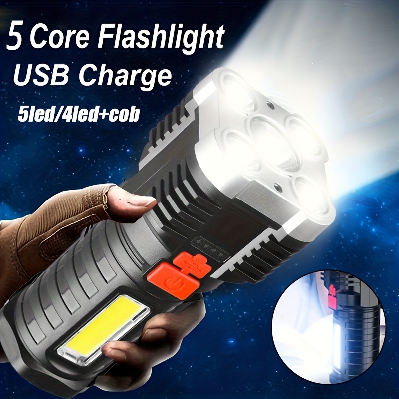 5LED High Power Flashlights, USB Rechargeable, Camping Spotlight with Side Light, 4 Lighting Modes, for Fishing Adventure Outdoor