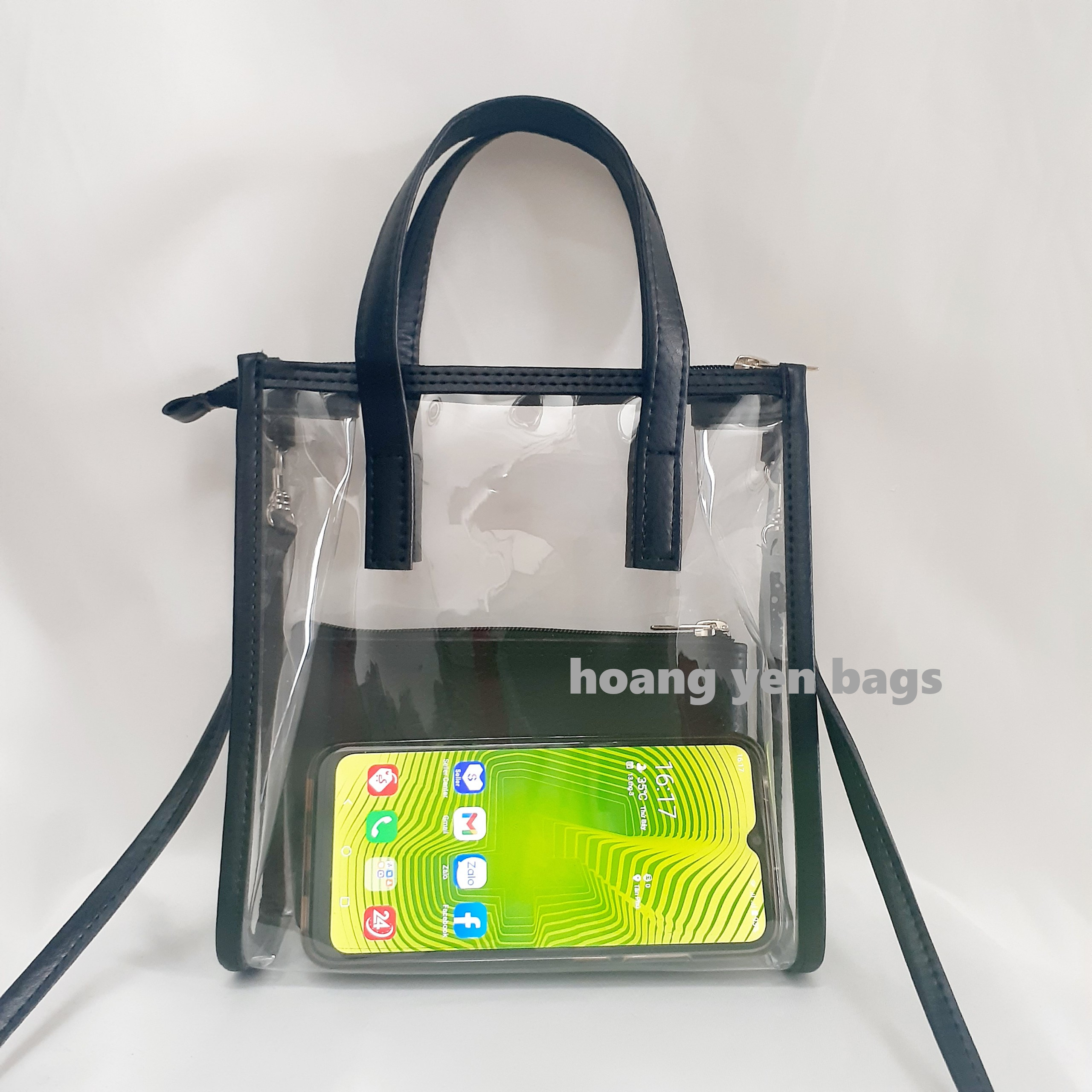 [Hcm] 2-in-1 Transparent Tote Bag, Portable, Cross-Body Carryable, with Zipper, Can Hold Large-Sized Phones, with Matching Cross-Body Strap - 2
