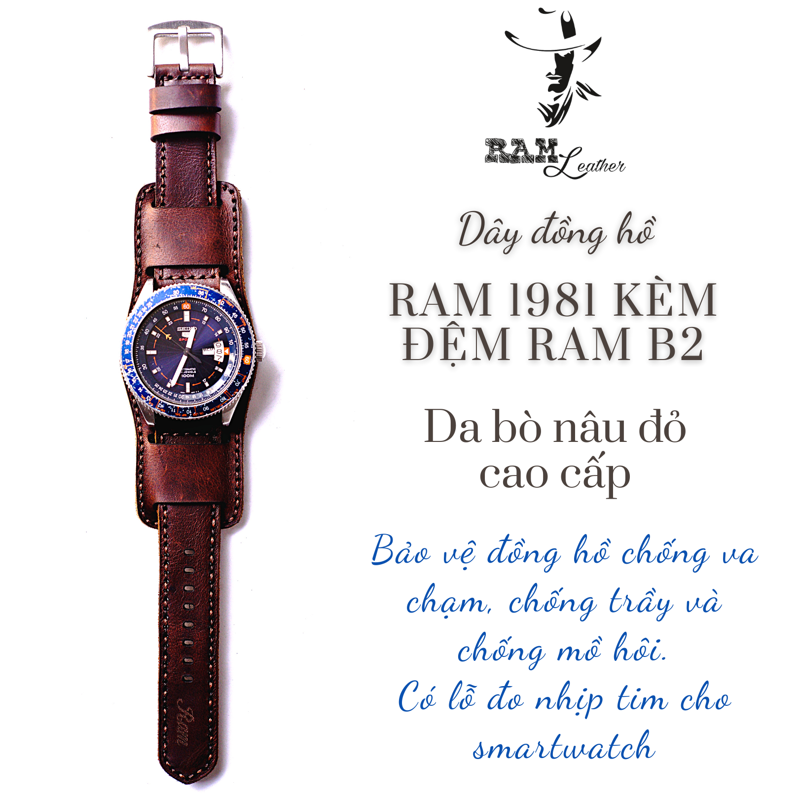 Dây da đồng hồ siêu bền da bò thật nâu đỏ – ram leather classic 1981 + b2