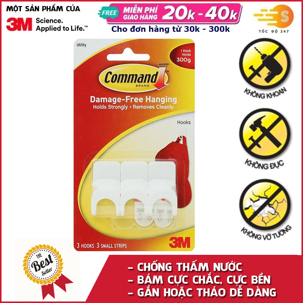 Bộ 3 móc treo tường cường lực siêu dính 225g command 3m 17402