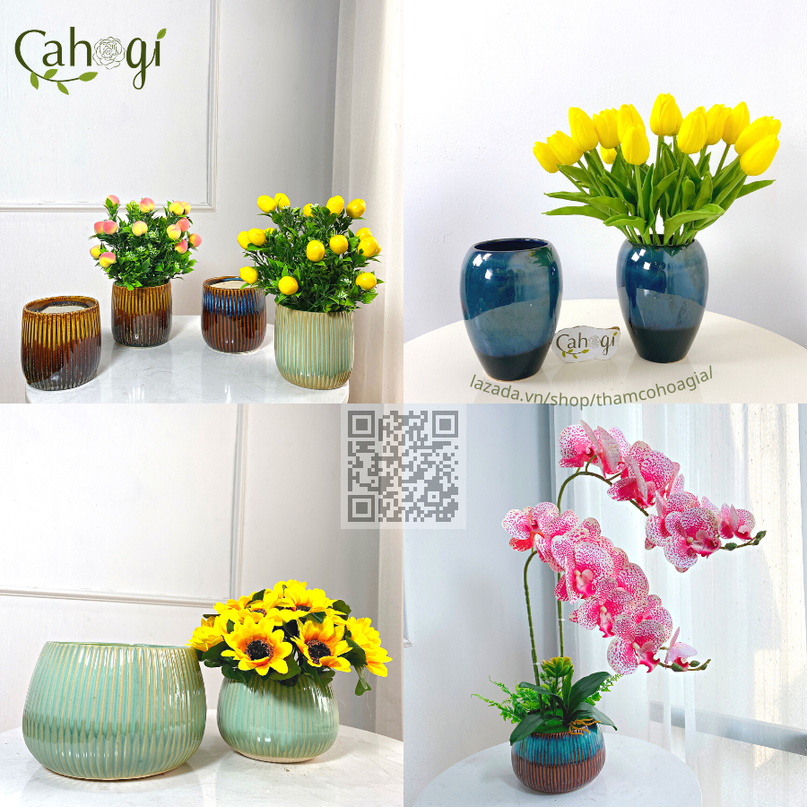 Lọ sứ cắm hoa oval men xanh giả cổ