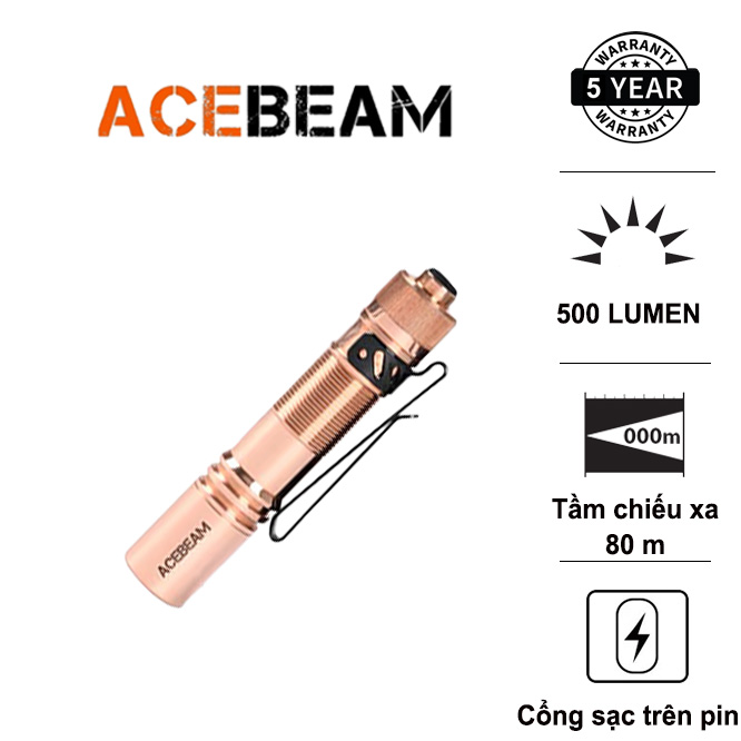 Đèn pin edc acebeam pokelit copper sáng 500lm chiếu xa 80m pin 14500 độ hoàn màu cao