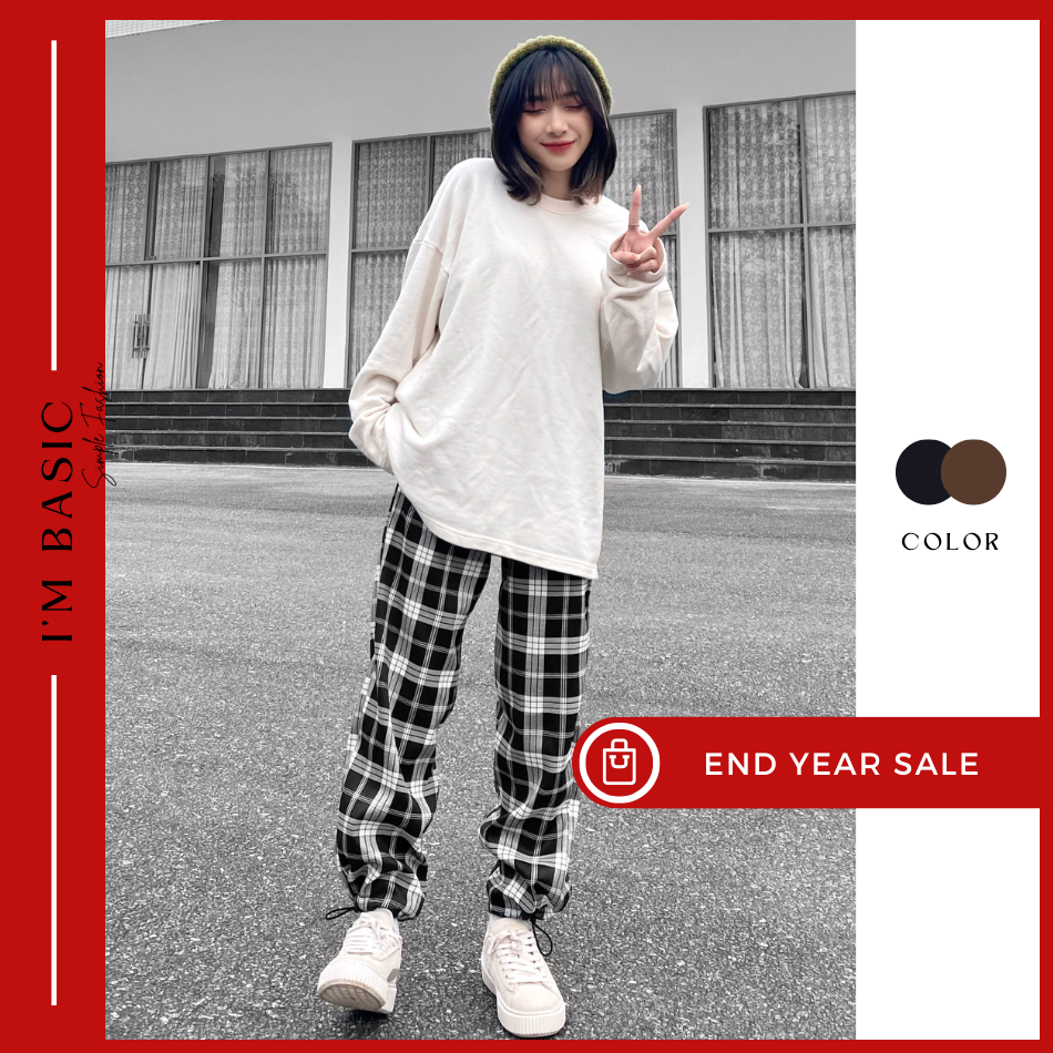 Quần ống rộng caro i'mm basic girly cạp chun ulzzang chất cotton quần baggy kẻ