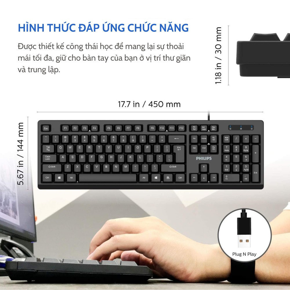 Bàn phím cơ có dây Philips K334 chống nước công thái học siêu êm bền bỉ