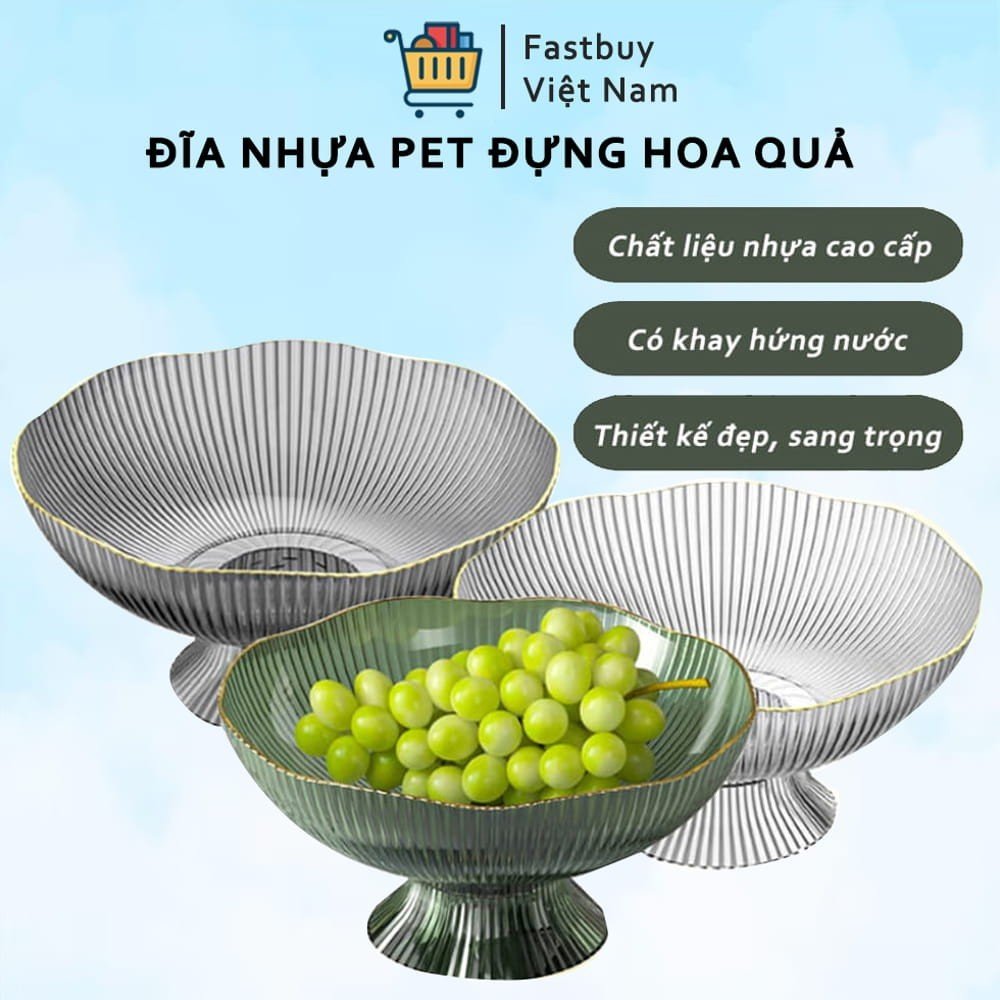 Đĩa nhựa đựng hoa quả viền mạ vàng sang trọng, khay đựng hoa quả, bánh kẹo có chân đế chắc chắn, chịu lực tốt