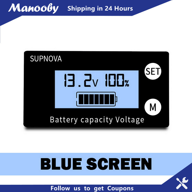 Manooby Đồng hồ đo dung lượng pin DC 8V-100V Đồng hồ đo điện áp với màn hình LCD Máy dò lượng điện