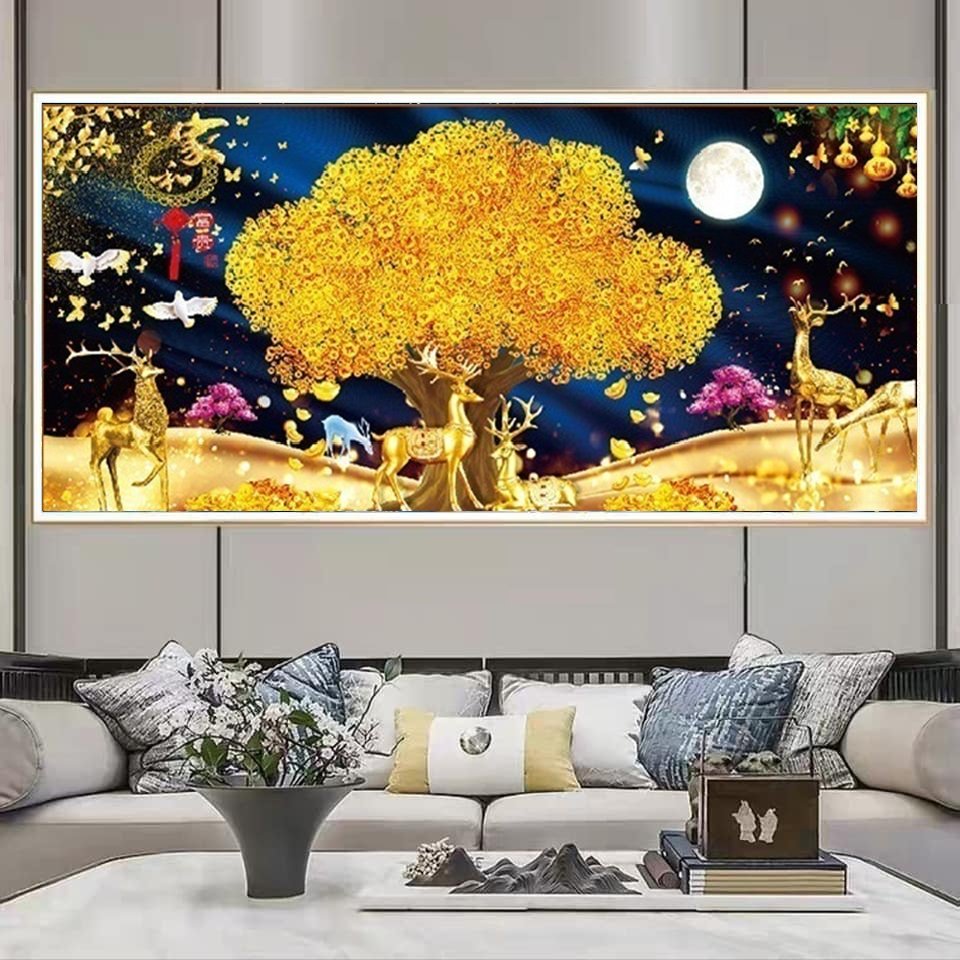 Tranh thêu kín Hươu Tài Lộc - kích thước : 150x70cm - tranh chưa thêu , tặng kéo