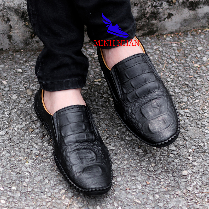 Giày lười nam da bò giày mọi nam da bò mềm Giày công sở đẹp da bò cao cấp thời trang hàng hiệu giá rẻ dập vân cá sấu độc đáo S-6 màu đen