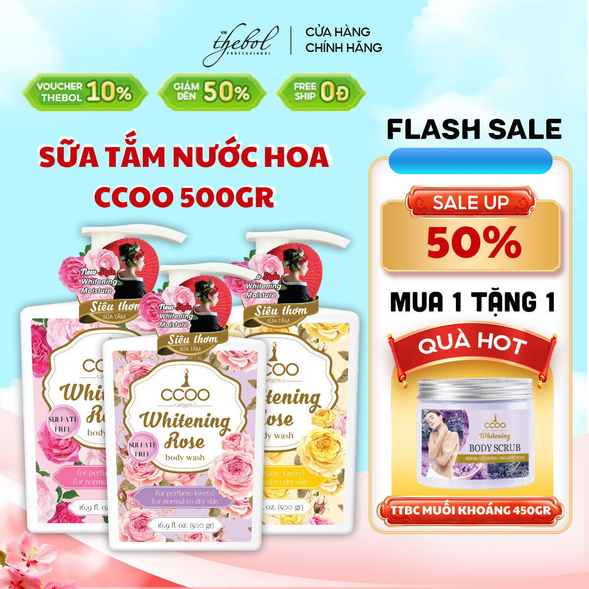 Sữa Tắm Dưỡng ẩm lưu hương Thebol CCOO 500gr Thơm Lâu Giúp Da Trắng Sáng Mềm Mịn An Toàn Cho Da Nhạy cảm