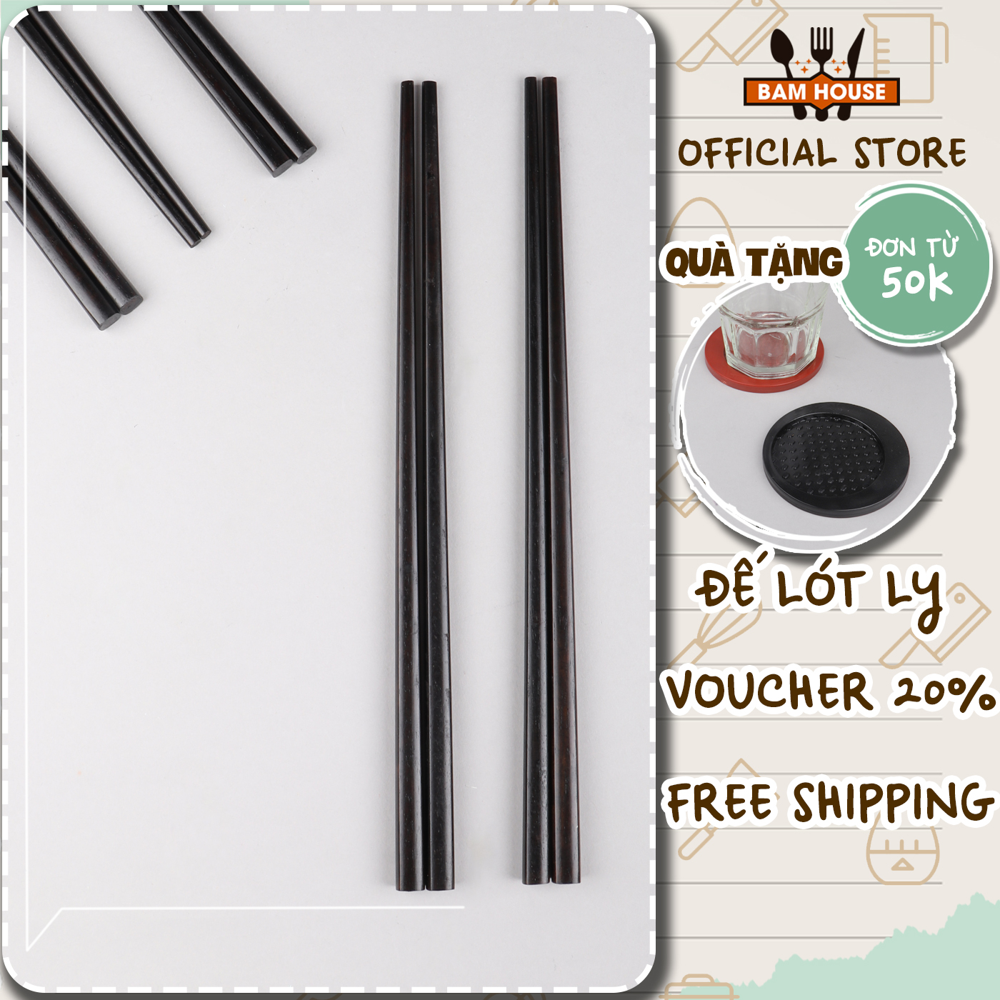 Bộ 10 đôi đũa gỗ sắn ổi Bam House màu đen cao cấp thân thiện môi trường DSO02 - Gia dụng bếp