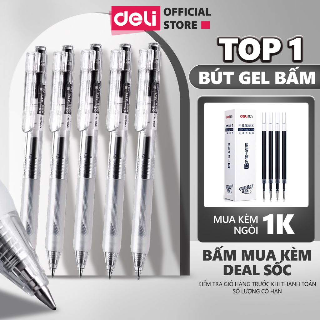 Combo 20 Bút bi bút gel bấm mực đen xanh DELI ngòi 0.5mm, Bút bi nước, viết mực đen cho học sinh - A575