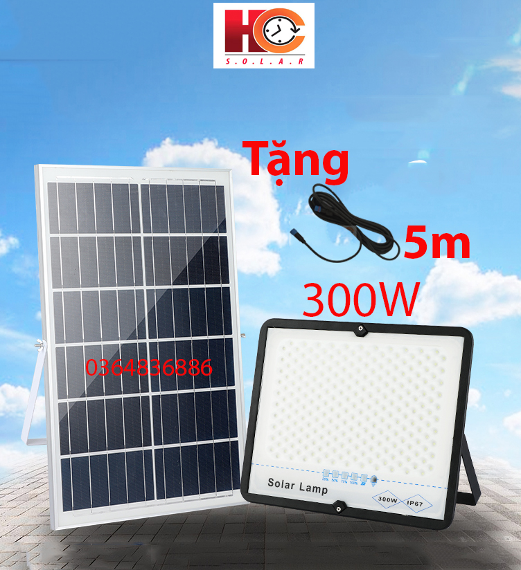 Đèn pha năng lượng mặt trời hc solar light 300w – chống chói mắt, vỏ nhôm, tấm pin nlmt rời, ánh sáng trắng