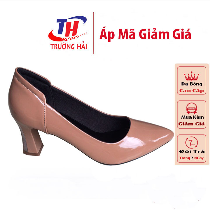 Giày cao gót Trường Hải da bóng màu nâu gót vuông cao 7cm