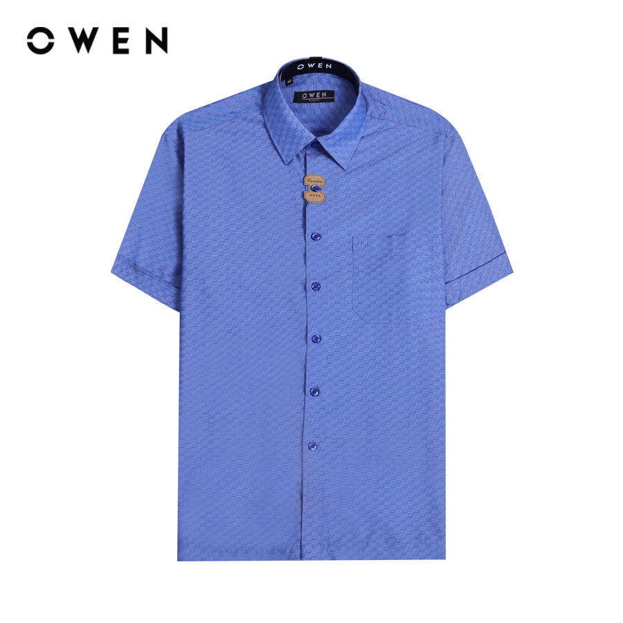  OWEN - Áo sơ mi nam ngắn tay Body Fit AB230279NT màu Xanh chất liệu Bamboo 