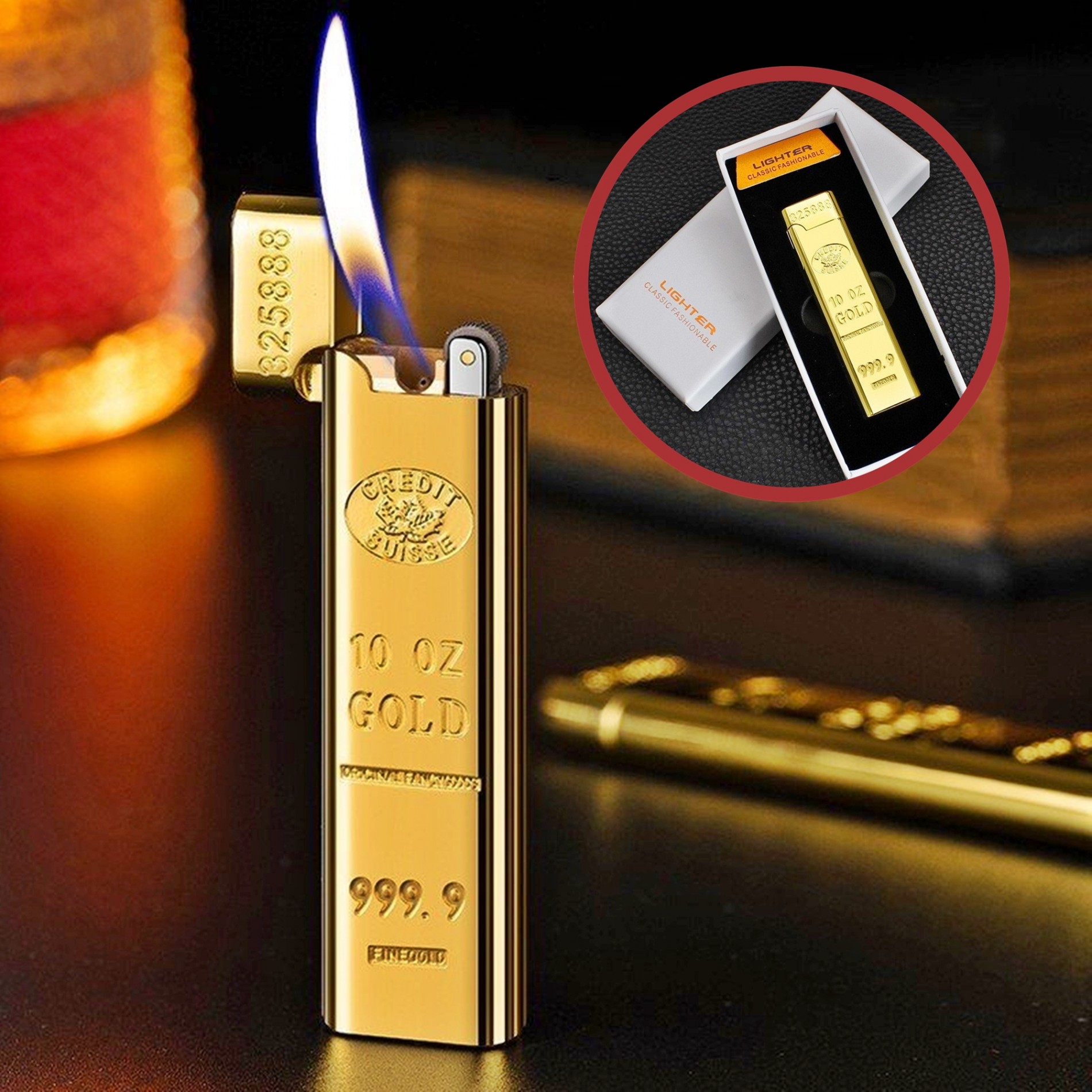 Bật lửa gas đá hình thỏi vàng 9999 dài -