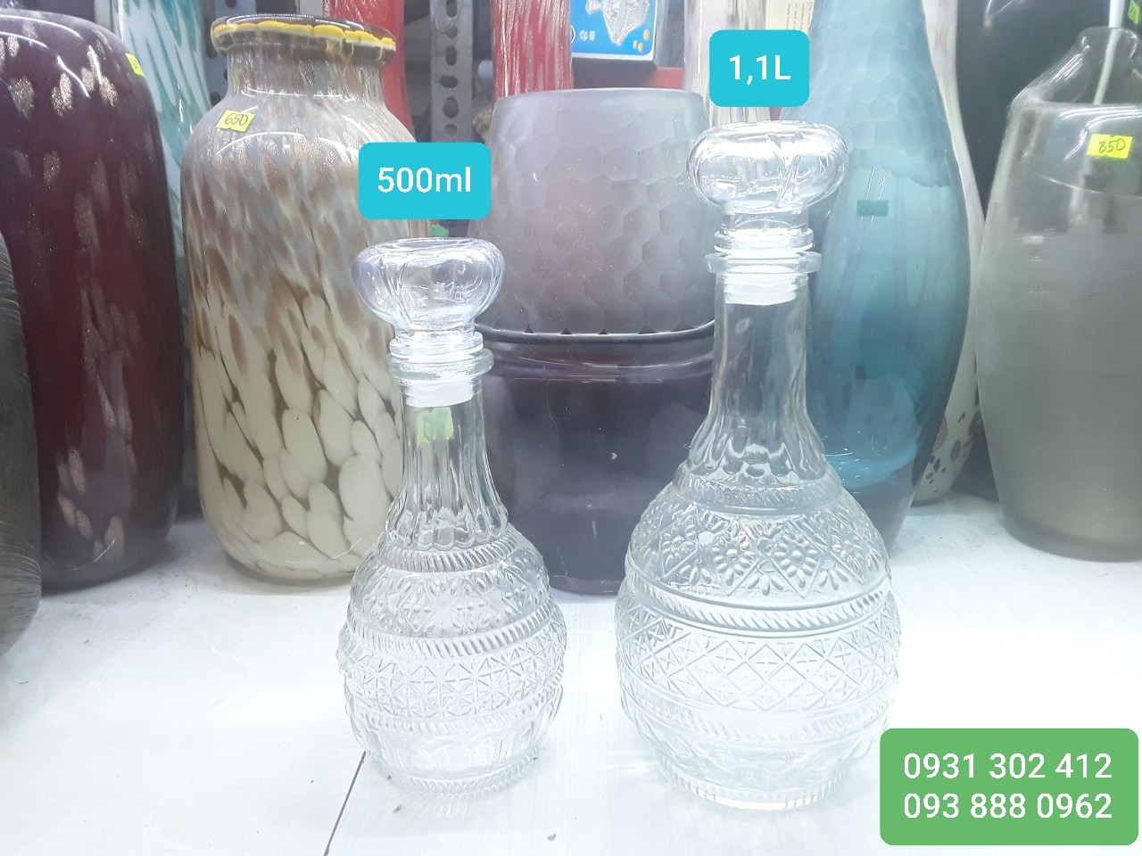 Combo chai thủy tinh đựng ruou Hoang Gia 500ml và 1.1L