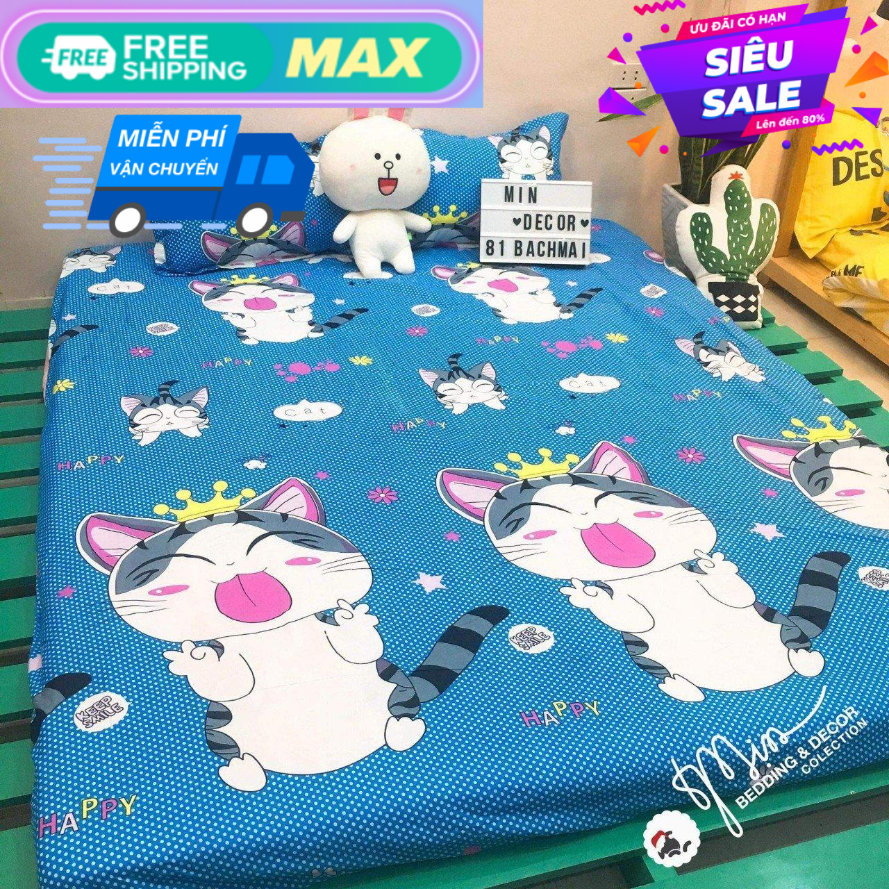 Bộ Ga Gối (tặng kèm áo gối ôm ) Mẫu Mèo Thần Tài