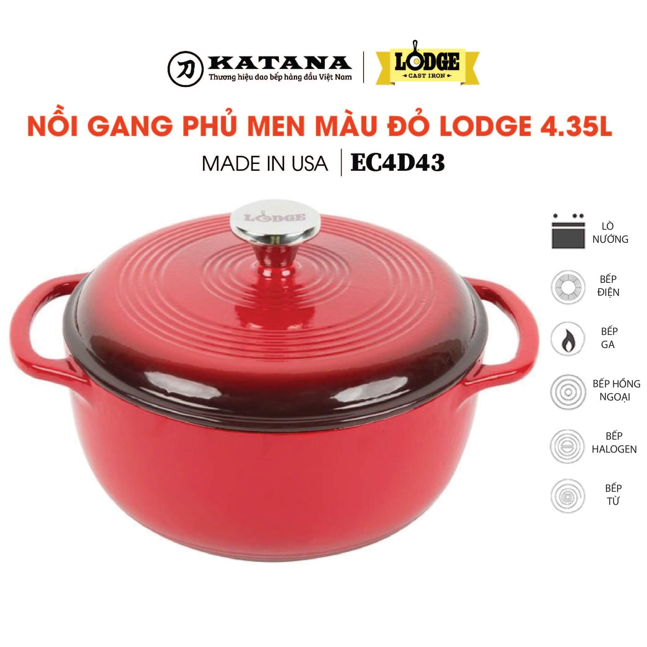 Nồi gang phủ gốm màu đỏ Lodge cao cấp 4.35L nhập khẩu từ Mỹ - Bảo hành chính hãng EC4D43
