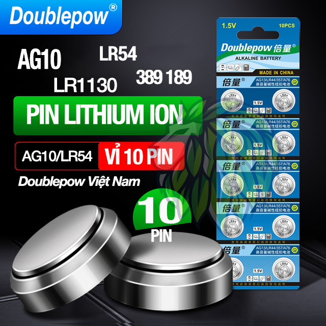 Vỉ 10 Pin Nút LR1130 AG10 LR54 389 189 Doublepow dung lượng cao Doublepow - Pin cút áo LR44 cho đồng hồ kỹ thuật số, chìa khóa xe, van cảm biến áp suất lốp, bút laser, thiết bị thể dục và các thiết bị y tế , tương thích