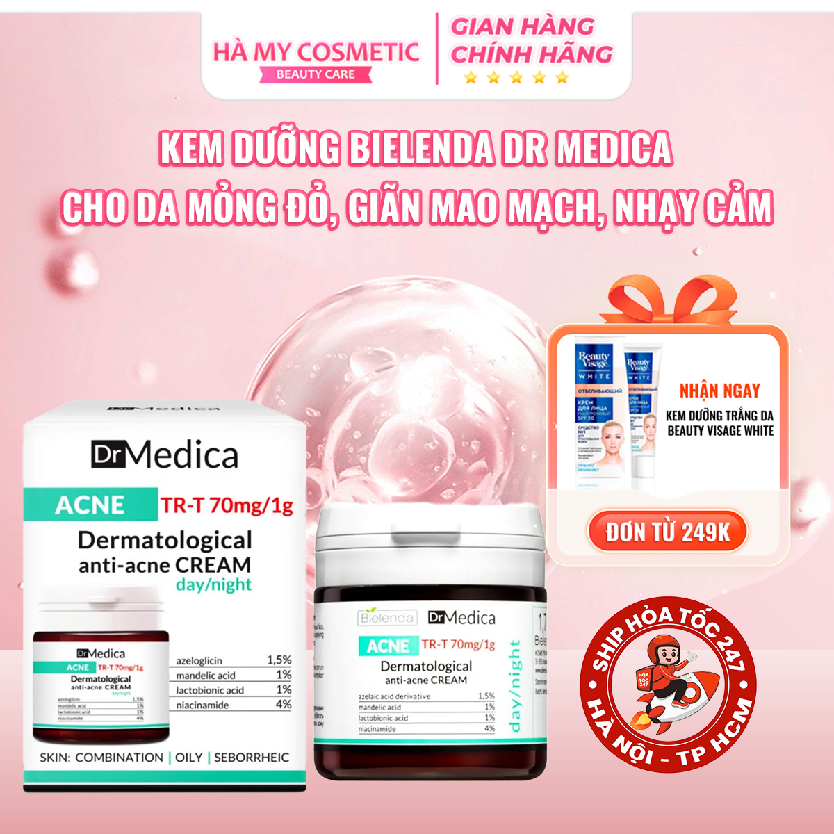 Kem dưỡng BIELENDA DR MEDICA ANTIACNE, Kem dưỡng giảm mụn, mờ thâm làm ẩm và dịu da 50ml ( trắng xanh)