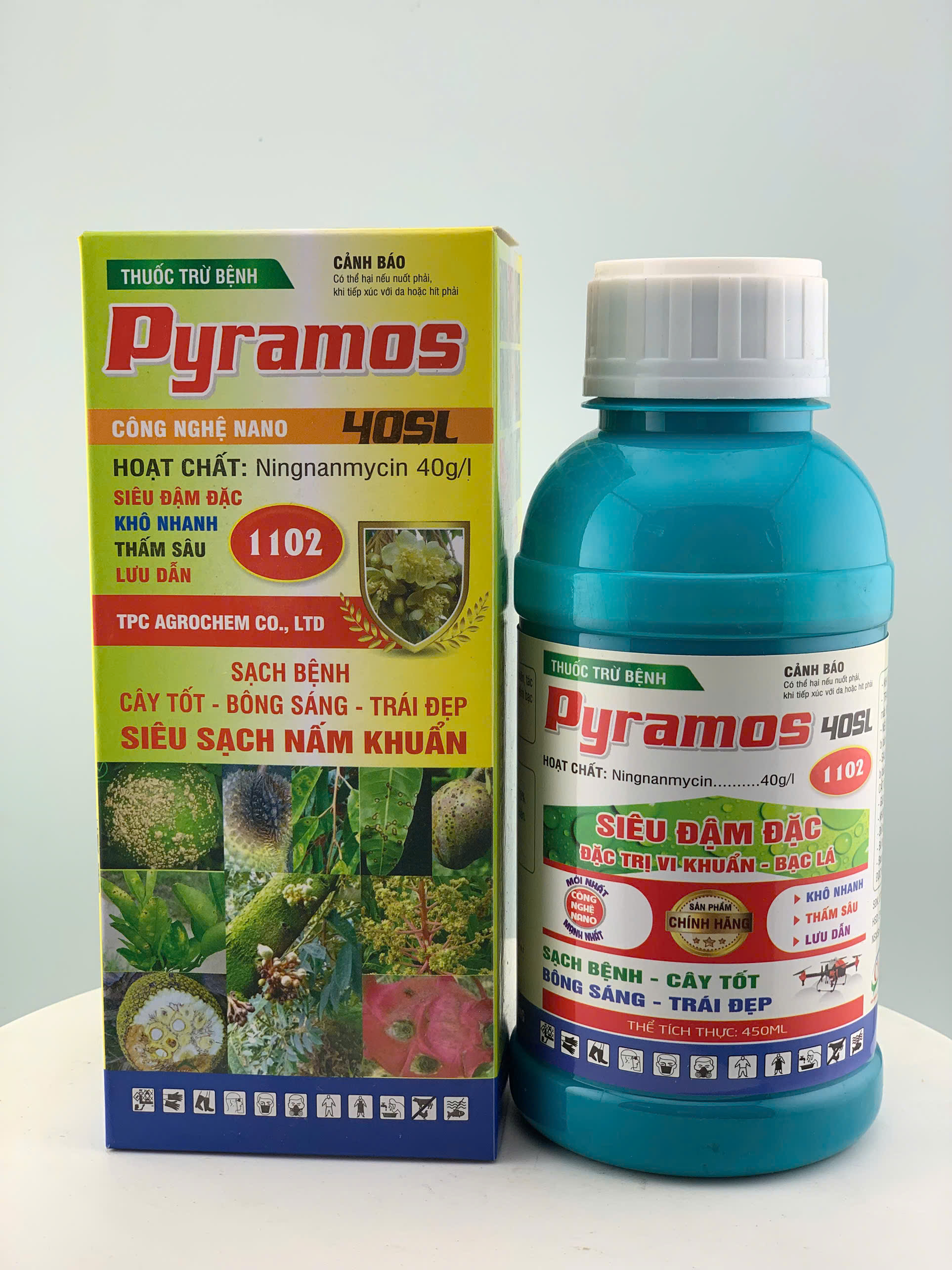 PYRAMOS 40SL 1102 450ml: phòng trừ thán thư, mốc sương, thối trái, ghẻ trái, sơ đen mít, bạc lá