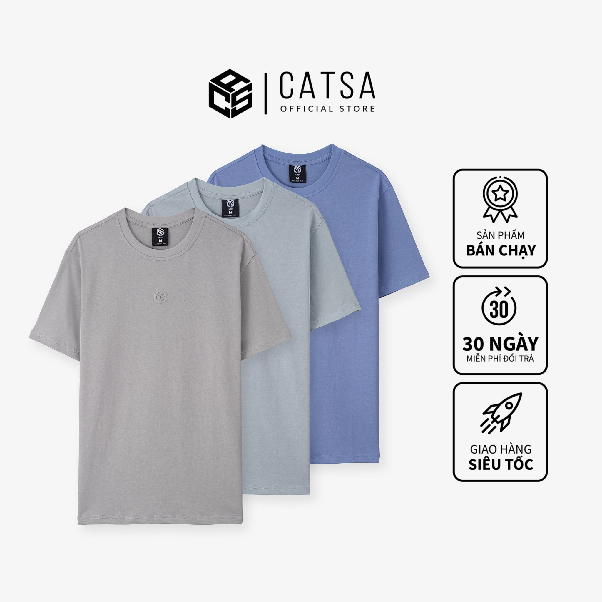 Áo thun nam tay ngắn CATSA, chất liệu Cotton dập logo CATSA form Slimfit