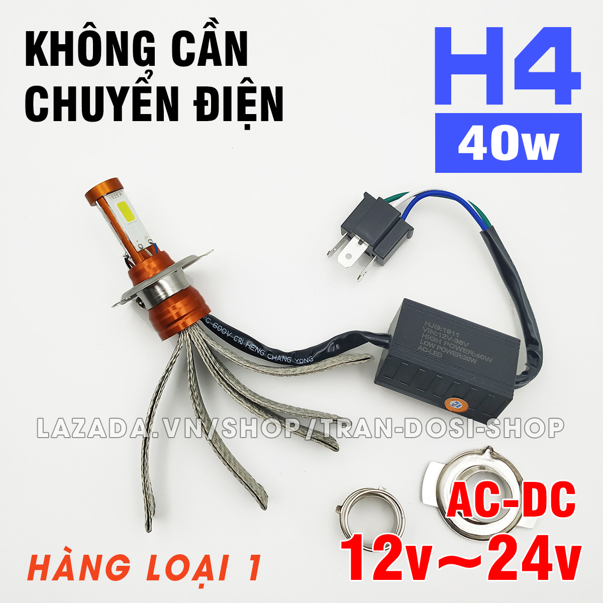 01 bóng LED pha H4 siêu sáng 3 tim tản nhiệt đuôi công AC-DC 12-24v 40w - CHẠY ĐƯỢC ĐIỆN MÁY