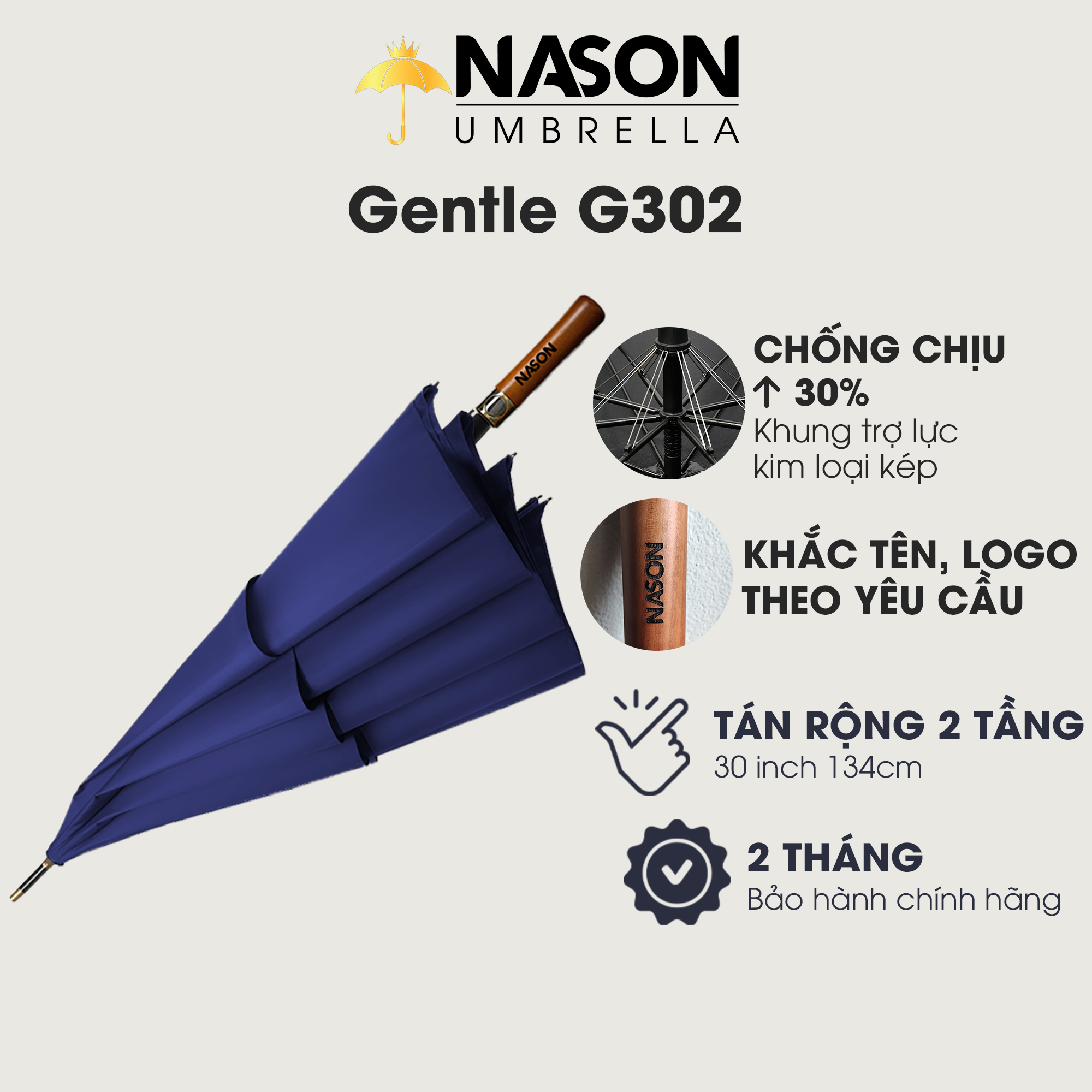 Ô dù đi mưa thẳng 2 tầng cao cấp G302 NASON UMBRELLA - Chống lật - Tán siêu rộng 30 inch - Vải chống thấm nước - Tay cầm gỗ sang trọng