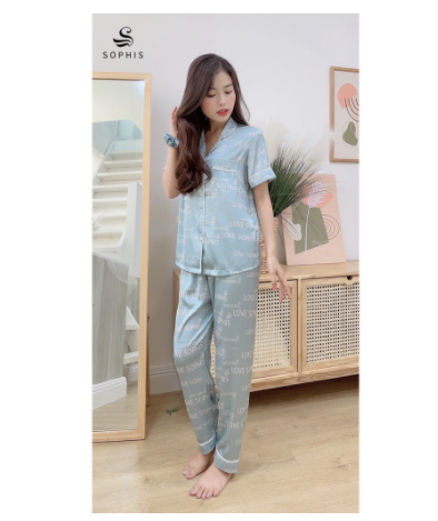 Pijama lụa satin thiết kế cao cấp, đồ bộ mặc nhà Sophis HPJ004 - Hồng Cam, Xanh Xám